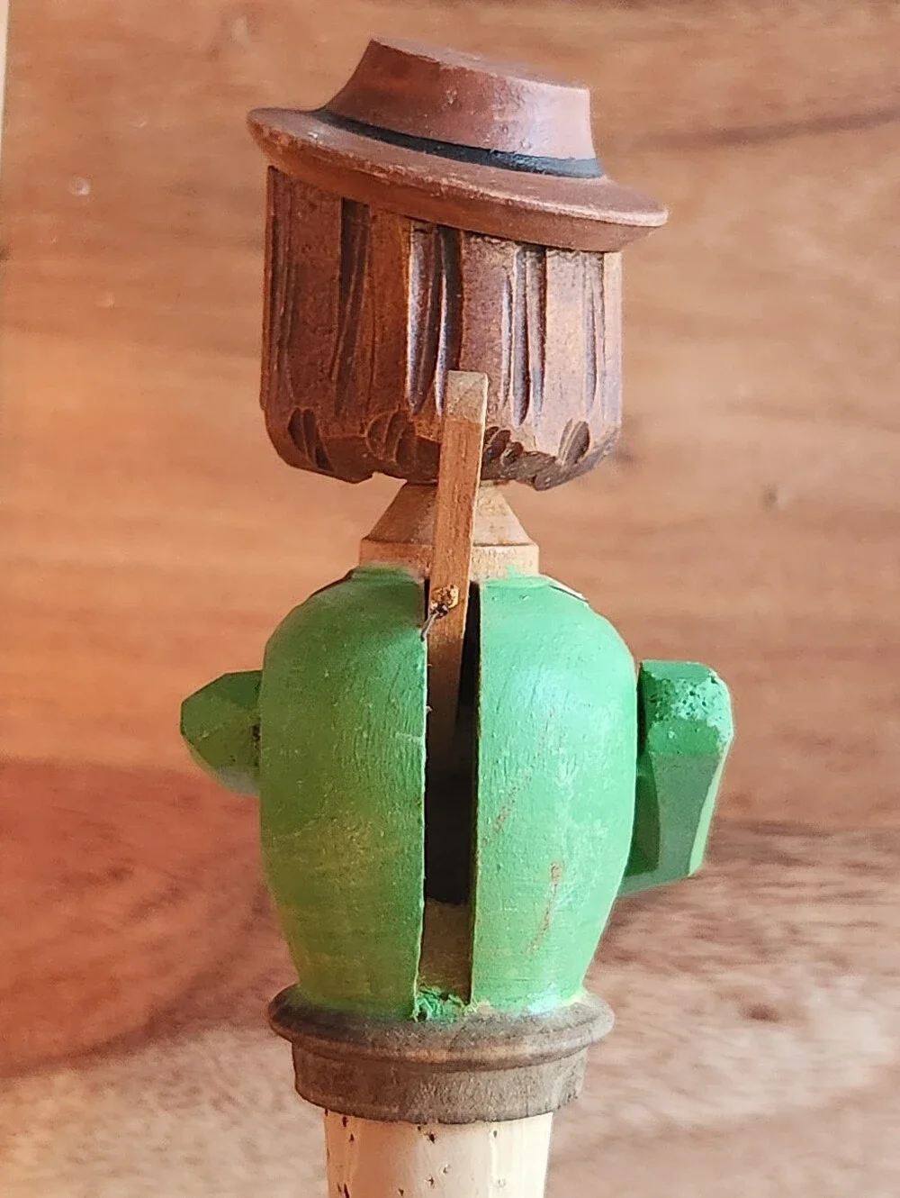 Vintage ANRI Hand Carved Folk Art Wooden Pull-String Cork Bottle Stopper